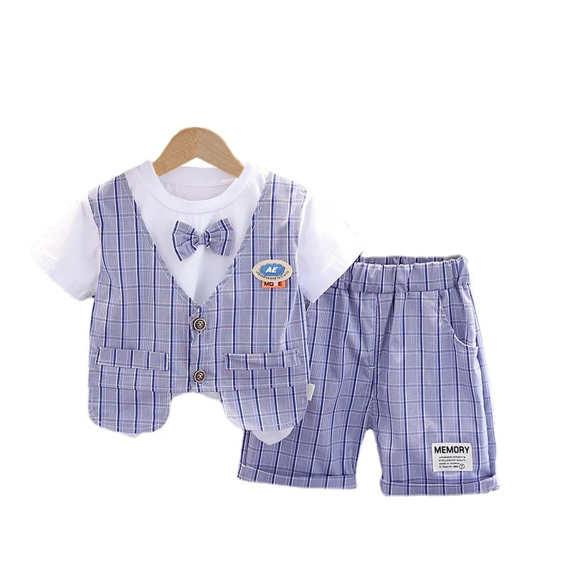 

Новый летний костюм для маленьких мальчиков, детская модная клетчатая футболка и шорты, 2 шт./компл., Повседневный хлопковый костюм для малыш...
