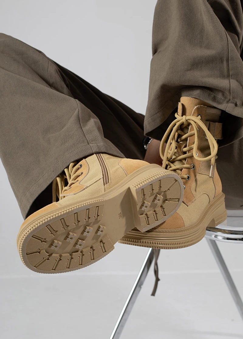 Summer Canvas Ankle Women Boots British Style Lace Up Round Toe Motorcycle Boots Side Zipper Mixed Color Popular Platform Shoes