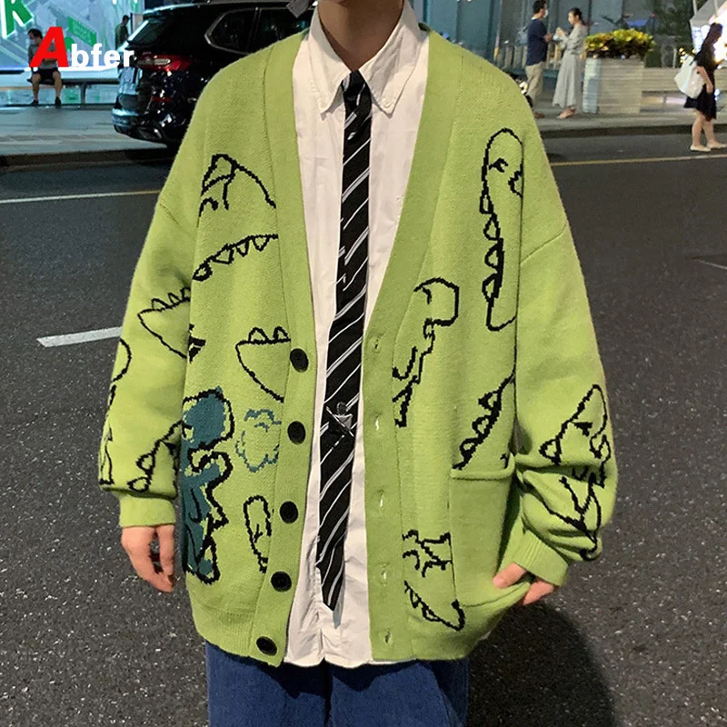 

Abfer Autumn Oversize Cardian Men Knitted Dinosaur Sweater Streetwear Loose Male Women Coat Doodle ip op Pattern Winter