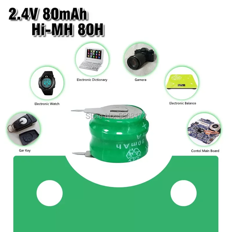 

2.4V 80H 80mAh Ni-MH Nimh Button Battery Pack Coin Cell Replacement Batteries Rechargeable 80H Coin Batteries