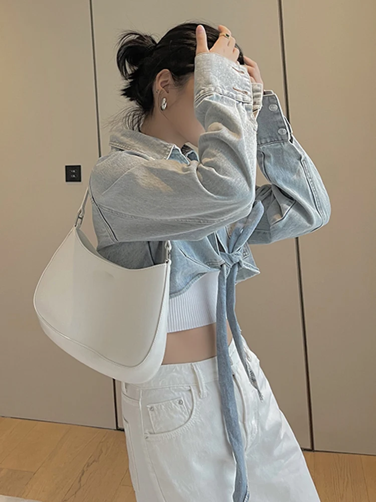 Женская джинсовая куртка twotwin2 на шнуровке повседневная короткая с отворотом и