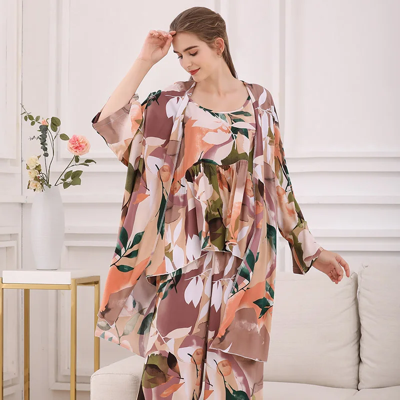 Cotton Viscose Ladies Three-piece Pajamas Set Women Spring and Autumn Comfortable Soft Home Suit Robes with Pants Pajamas Set
