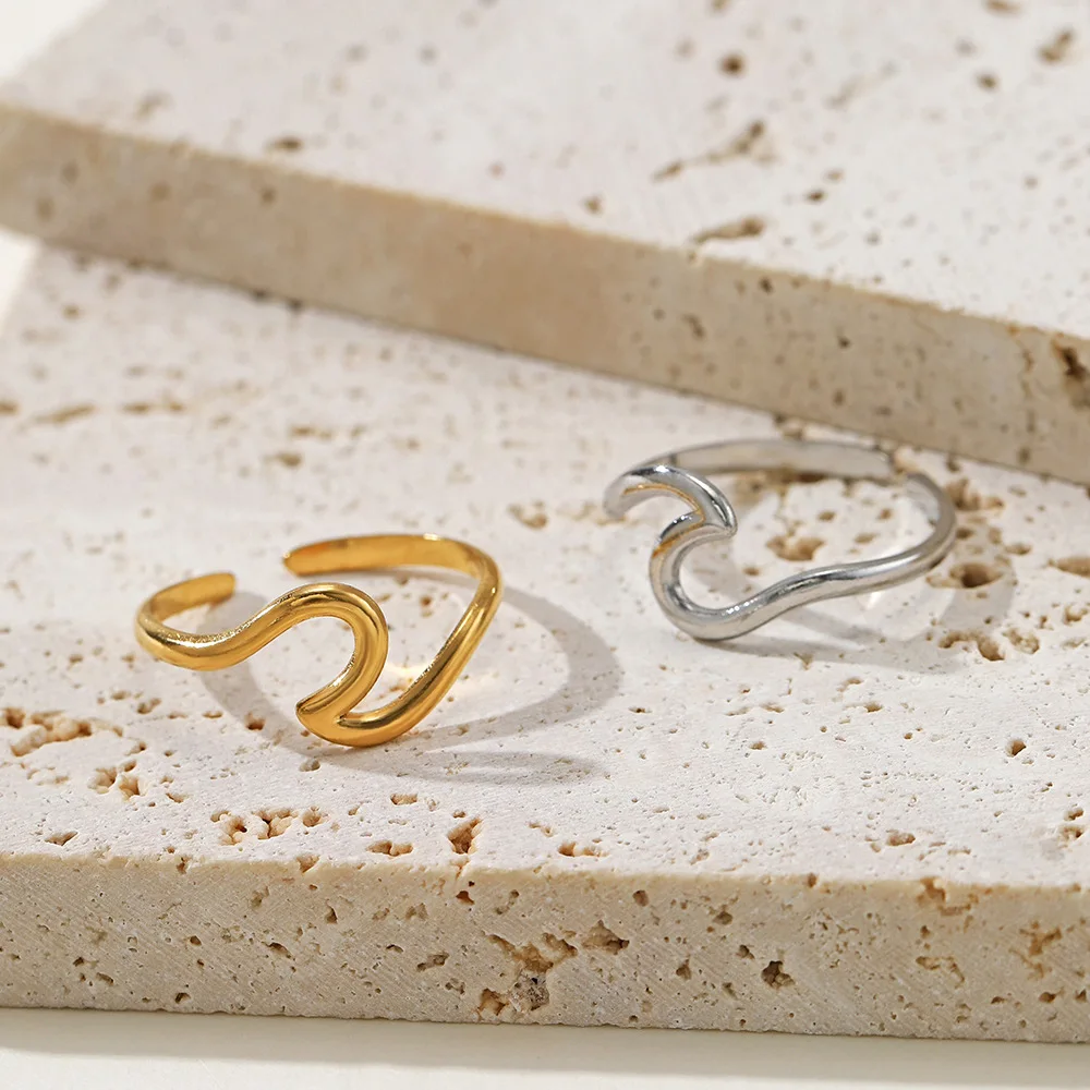 

HIYEE Ins Titanium Steel Opening Ring Design Sense Ocean Wave Minimalist Line Ring 18K Index Finger Ring Tail Ring Cool