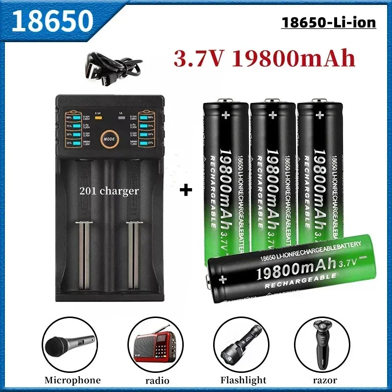 

100% New 18650 Battery 3.7V 19800mAh Rechargeable Li-Ion Battery with Charger for Led Flashlight Batery Litio Battery+ Charger
