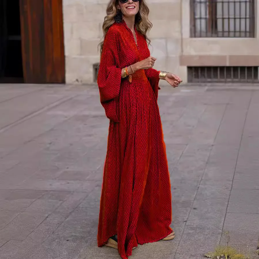 Женское осеннее длинное платье с v-образным вырезом и рукавами-фонариками