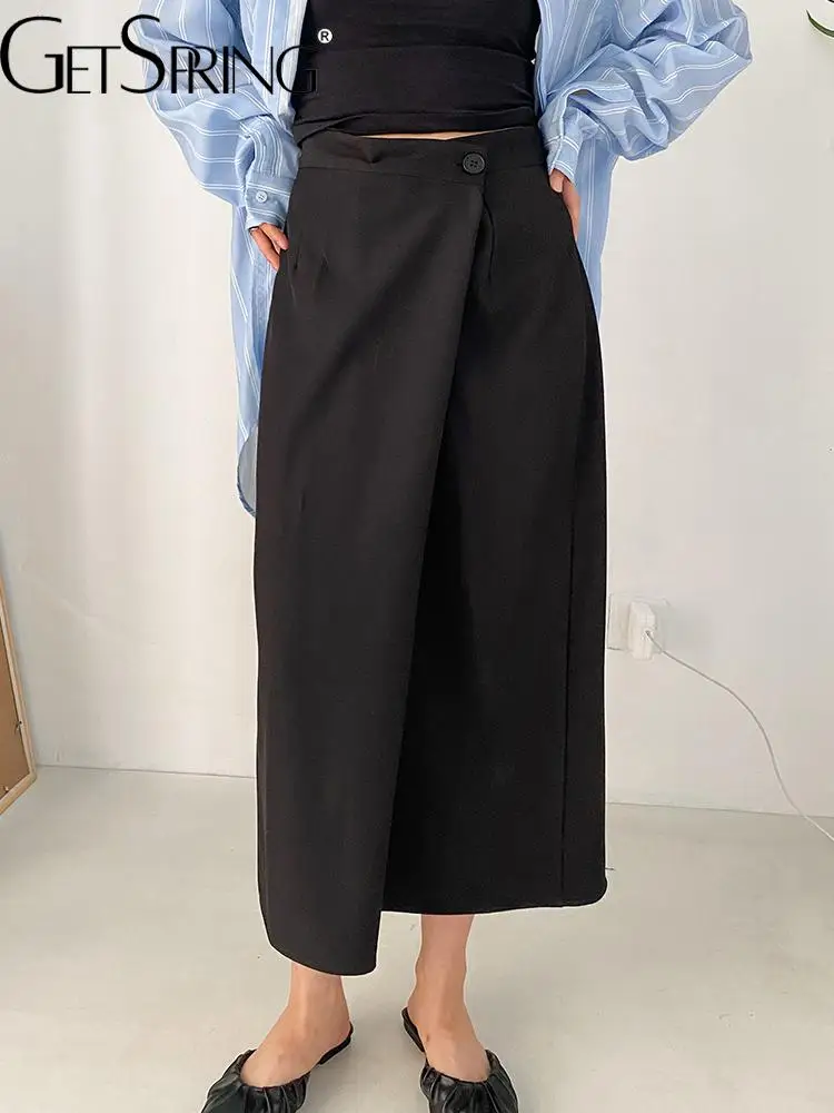 

GetSpring Женская юбка 2022 Осенняя мода косые гофрированные с высокой талией Необычные Костюмные юбки темпераментные черные длинные трапециеви...