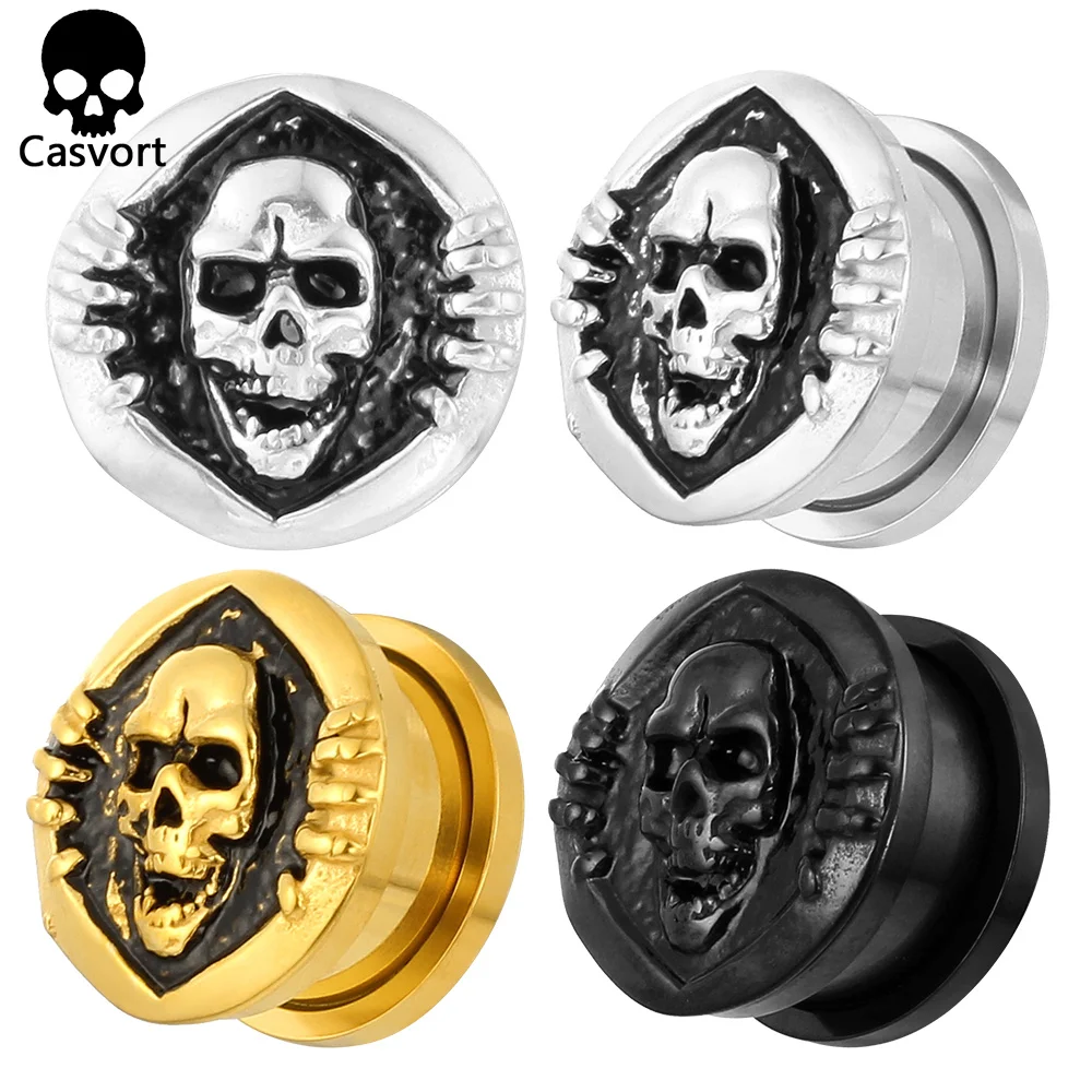 

Casvort Stainless Steel Dark Skull Ear Gauges Plugs Tunnels Expanders Earring Back Screw Piercing Plugs Body Jewelry Stretchers