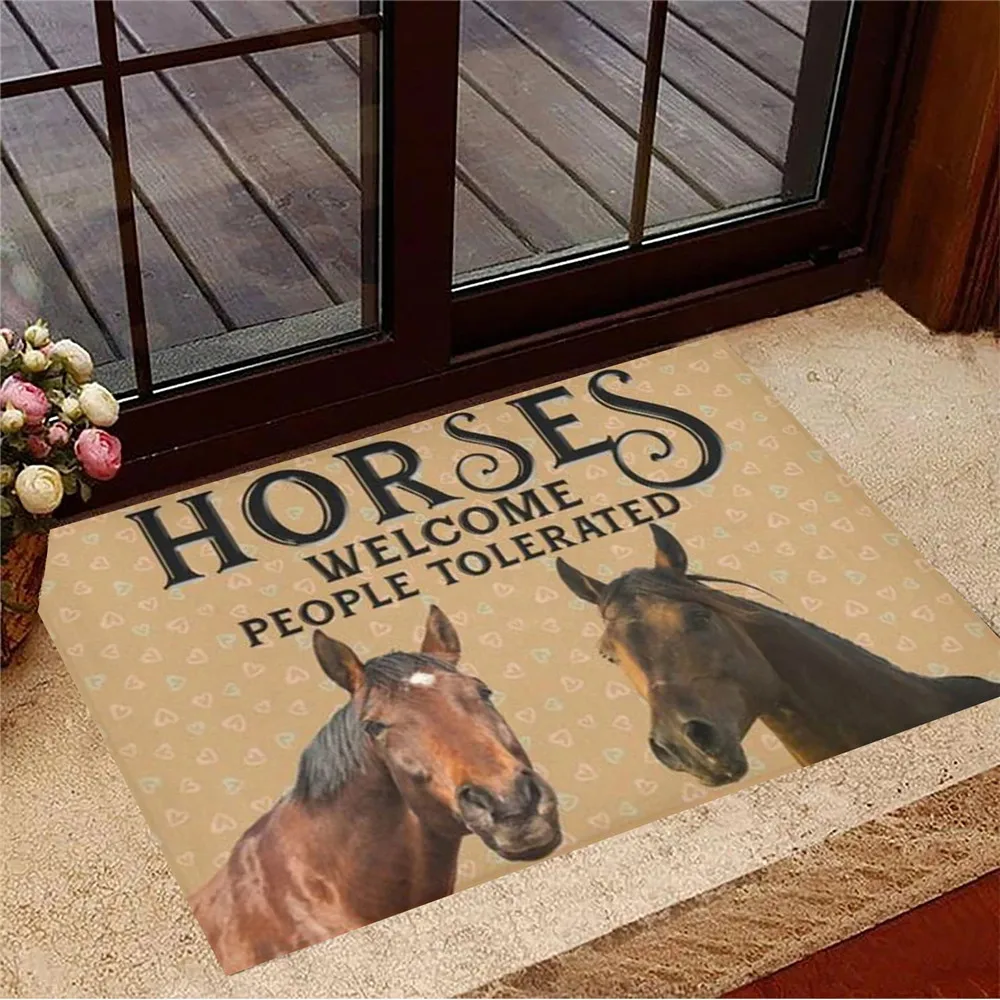 

HX Horses Welcome People Tolerated Doormat Animals 3D Printed Flannel Carpets Indoor Hallway Floor Rug Gift For Horse Lovers