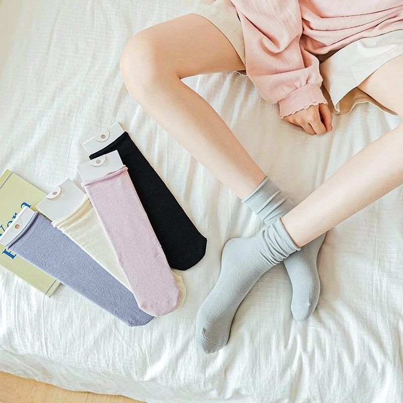 

SP&CITY Summer Thin Breathable Cotton Middle Tube Women's Socks Crimping Casual Sports Solid Socks Hipster Street Korean Sock