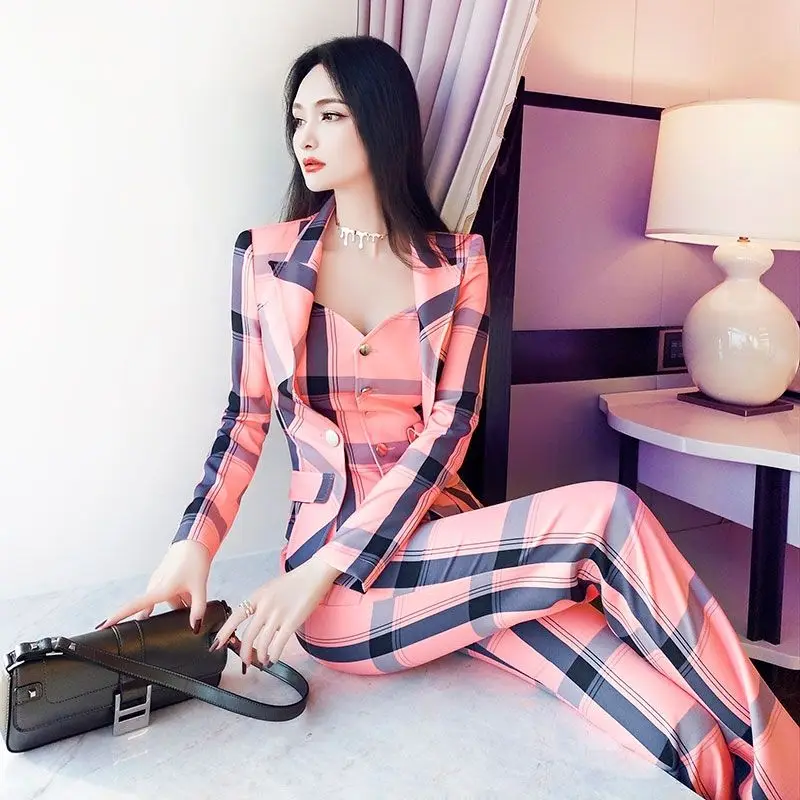 

Woman New Plaid Tracksuit Sets Pullover and Pants Two Piece Sets Female Print Sweatshirt Outfit Sportswear Suit Clothing G124