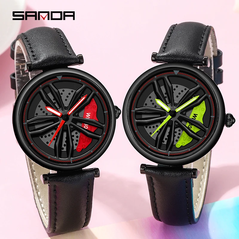 SANDA 2022 New Fashion Sports Women Watch 360° Trend Brake Caliper Dial Leather Strap Women Quartz Wristwatches Reloj Mujer 1074