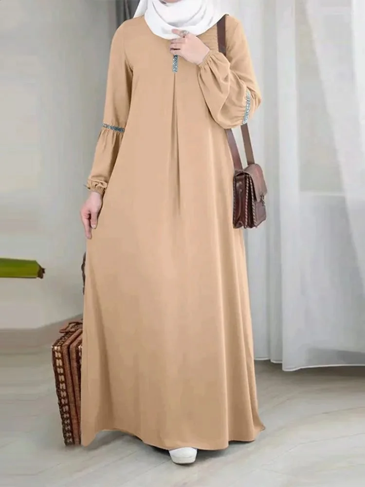Fashion Muslim Abaya Moroccan Casual Sequins Dress Women Sundress Solid Party Holiday Vestido Long Sleeve Islamic Clothing Eid