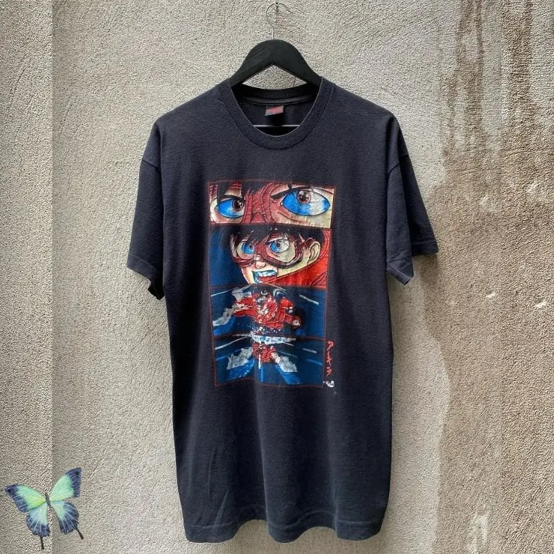 

AKIRA Tshirts Heavyweight Loose Dark Black Vintage Wash Couple Short Sleeve Oversize T-shirt Men Women