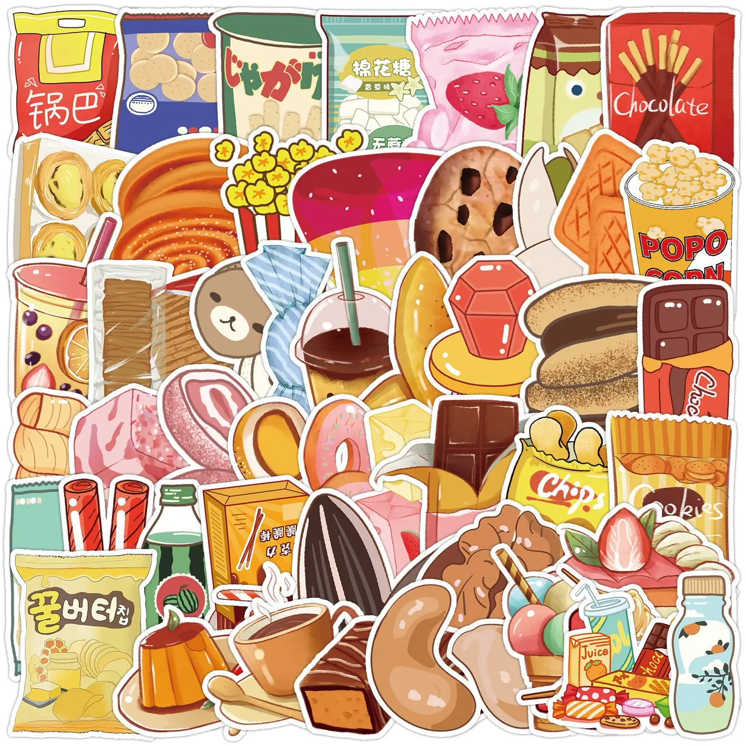 

50/Pcs Pack Potato Chips Donuts Snacks Graffiti Stickers Water Cup Refrigerator Skateboard Decoration Creative Notebook Stickers