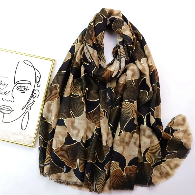 

2022 Autumn Women Viscose Scarf Lurex Gold Ginkgo Floral Fringe Hijab Shawls and Wraps Foulard Echarpe Muslim Sjaal 180*90Cm