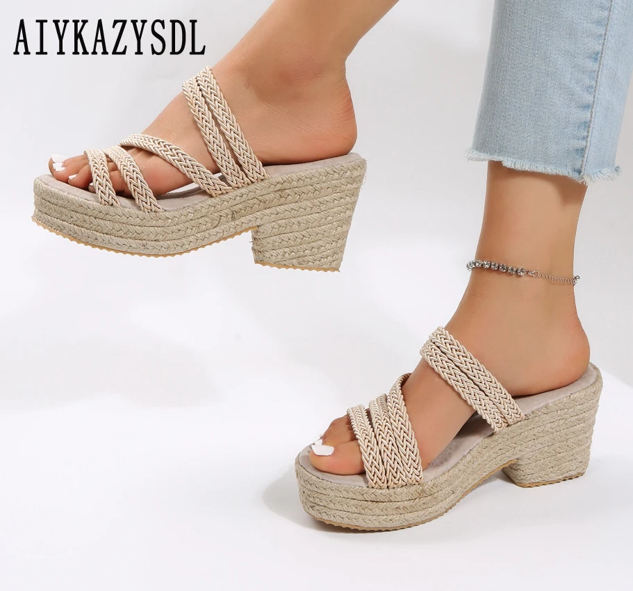 

AIYKAZYSDL 2023 Straw Hemp Rope Weave Slippers Summer Beach Platform Chunky Block Thick Heel Boho Bohemia Slides Mules Women