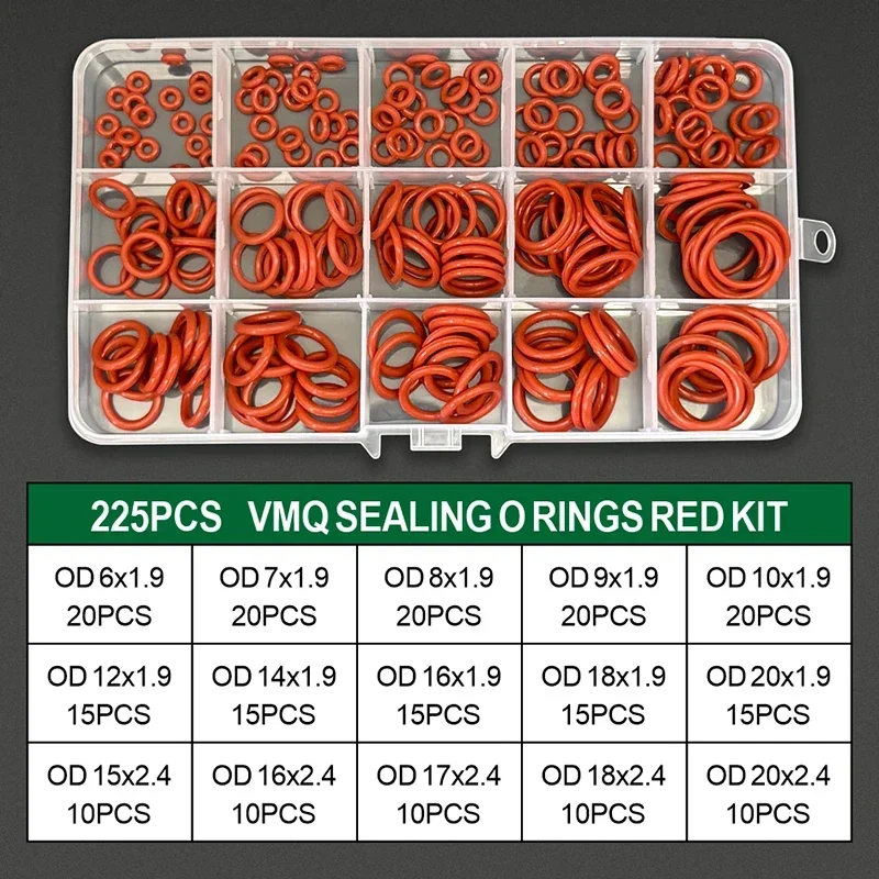

Набор силиконовых уплотнительных колец, 225 шт., термостойкое уплотнительное кольцо, прокладка VMQ, ремонтный комплект, клапан, водоотталкивающая маслостойкая прокладка