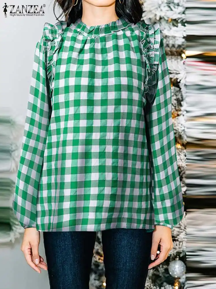 

2022 ZANZEA Spring Plaid Checked Blouse Women Long Sleeve Ruffles Hem Shirt Vintage Tunic Tops Casual Loose Blusas Party Chemise