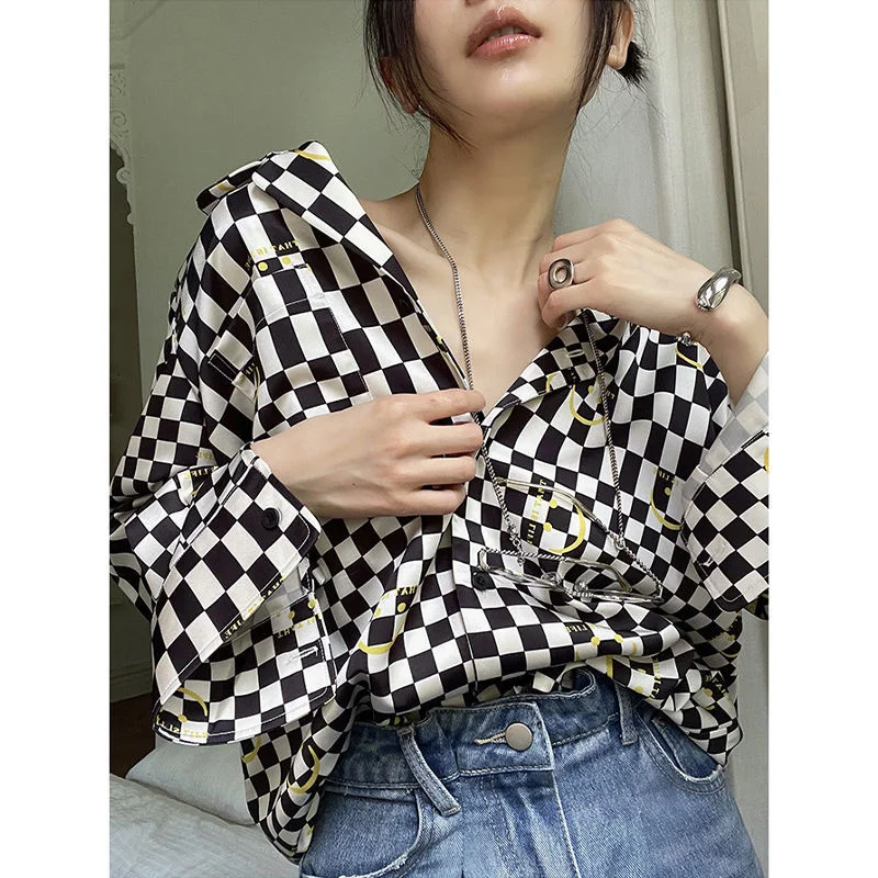 

Checkerboard Shirt Women's Fall 2023 New Long-sleeved Loose Top