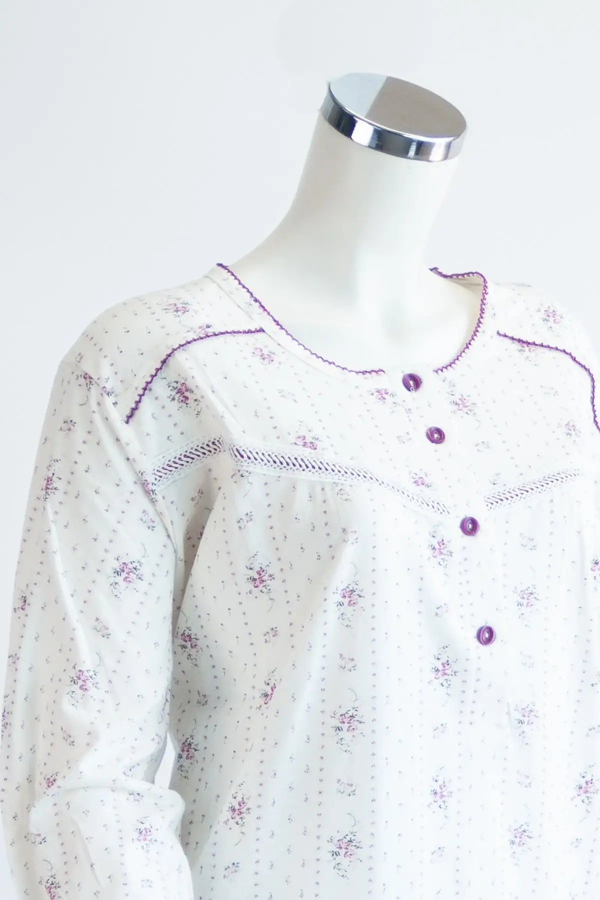 

Women Nightgown Cream Plum Mother Boutique Dress Thin Rose Patterned Oversized Pure Cotton Fabric Nightwear