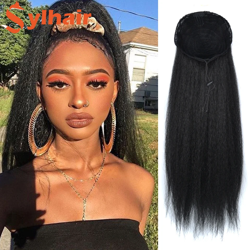 

Afro Kinky Straight Yaki Long Ponytail Synthetic Wrap Around Magic Paste Clip Extension Hair Natural Black Pony Tail Hair 22 Inc