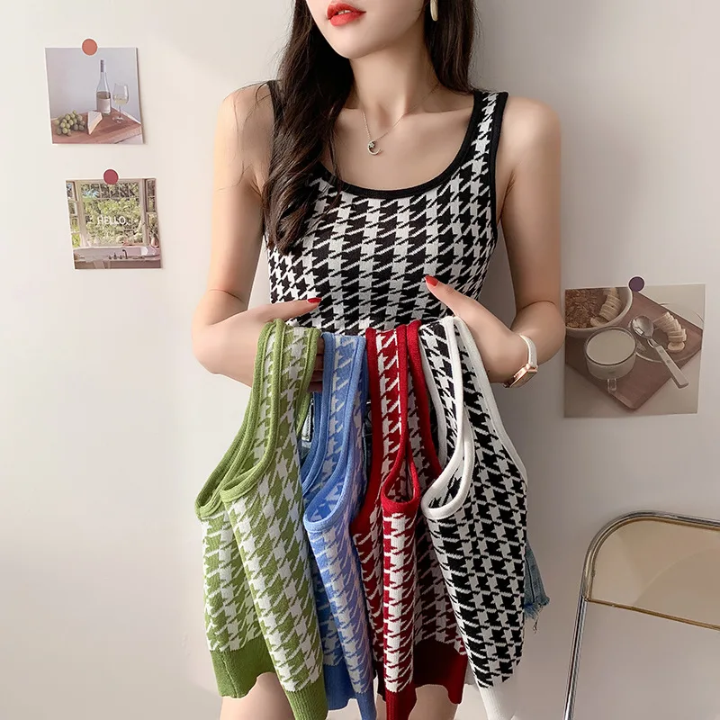 

Knitted crop tops square collar tank top women plaid camis for women sleeveless tops for woman colorblock tanke top camisole