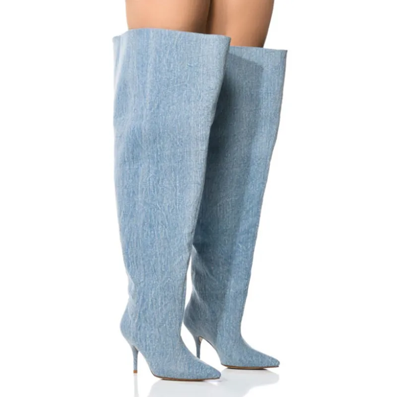 2023 Europe and America New Pointed Sleeve Thigh Boots Fashion Big Tube Thin High Heels 45 Size Knee Length Women's Boots