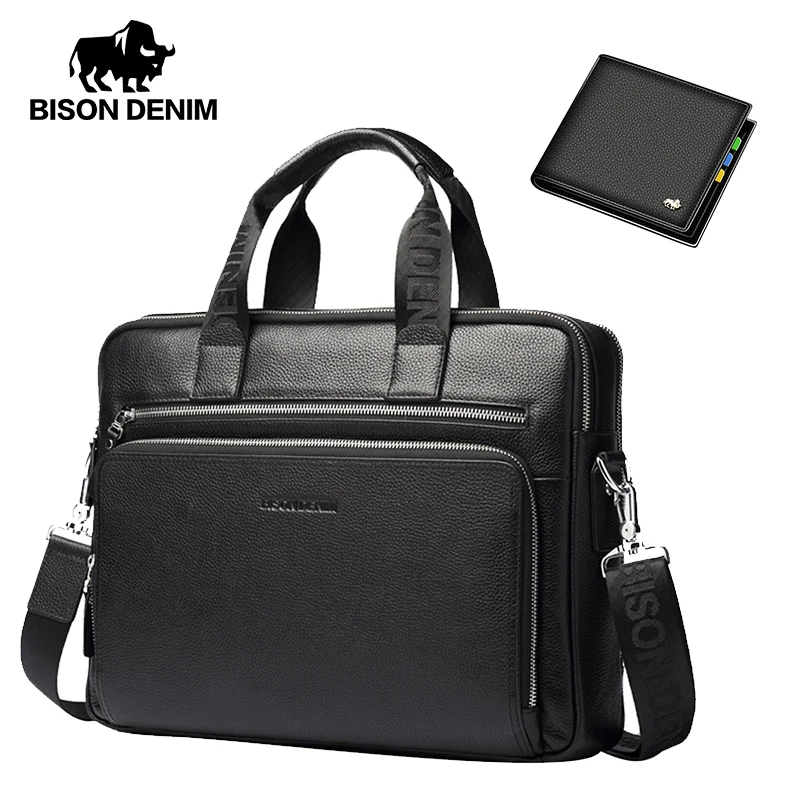 

BISON DENIM 100% Genuine Leather Men's Briefcase Wallet Natural Cowskin Business Crossbody Bag Messenger Shoulder Travel Bag