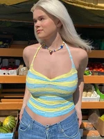 2022 summer women crop top halter neck bandage backless off shoulder sleeveless patchwork beach knit sexy tank top