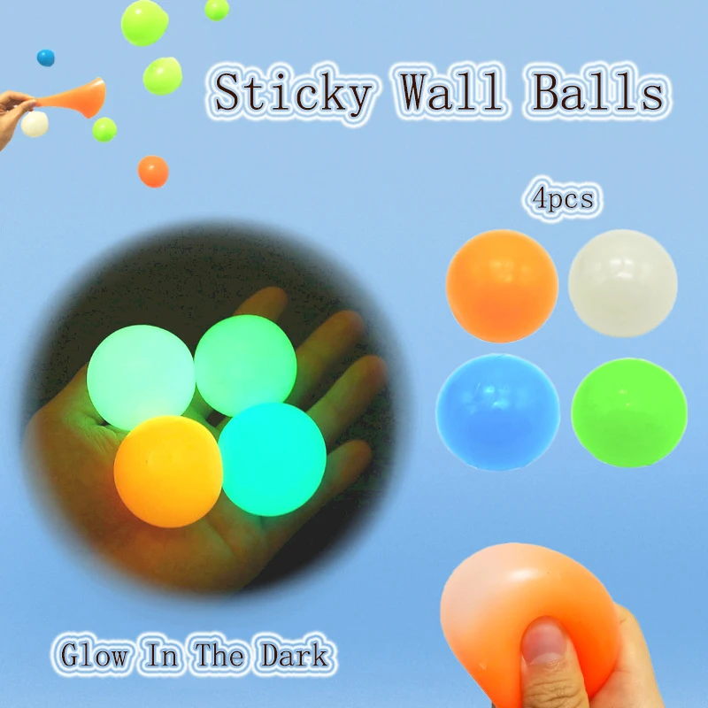 

4PCS Luminous Wall Balls Target Sticky Ball Throw At Ceiling Decompression Ball Glow In The Dark Fidget Toys For Kids