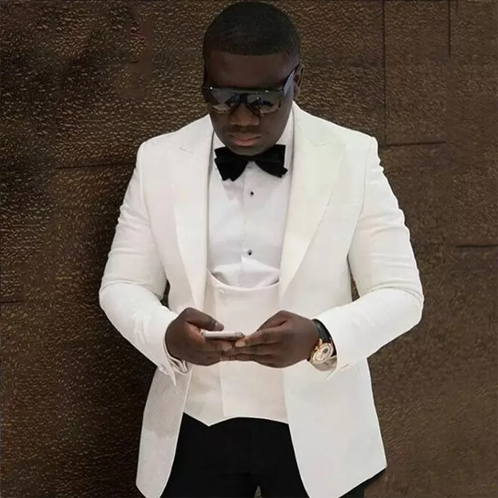 White Mens Wedding Suits Business Suits Slim Fit Groom Tuxedos Peak Lapel Handsome Best Man Blazers Jacket  Costume Homme