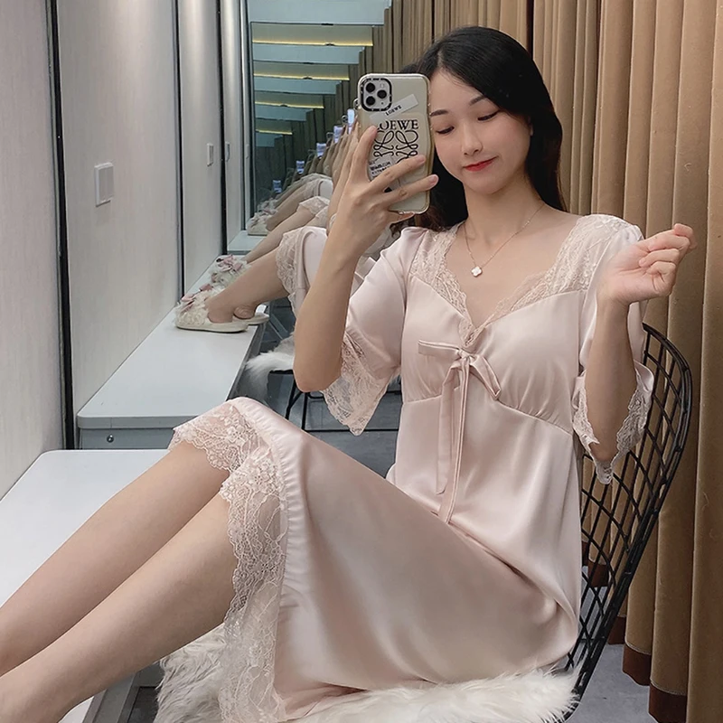 Summer Autumn Nightgowns & Sleepshirts French Women's Short Satin Sleepwear Home Nightshirt Women Causal Ladies Long Women Dress