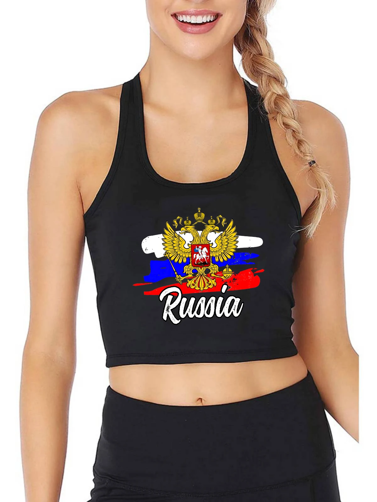 

Russian Flag Russia Emblem Russian Eagle Two Heads Graphic Design Crop Top Women's Cotton Breathable Sexy Slim Tank Tops