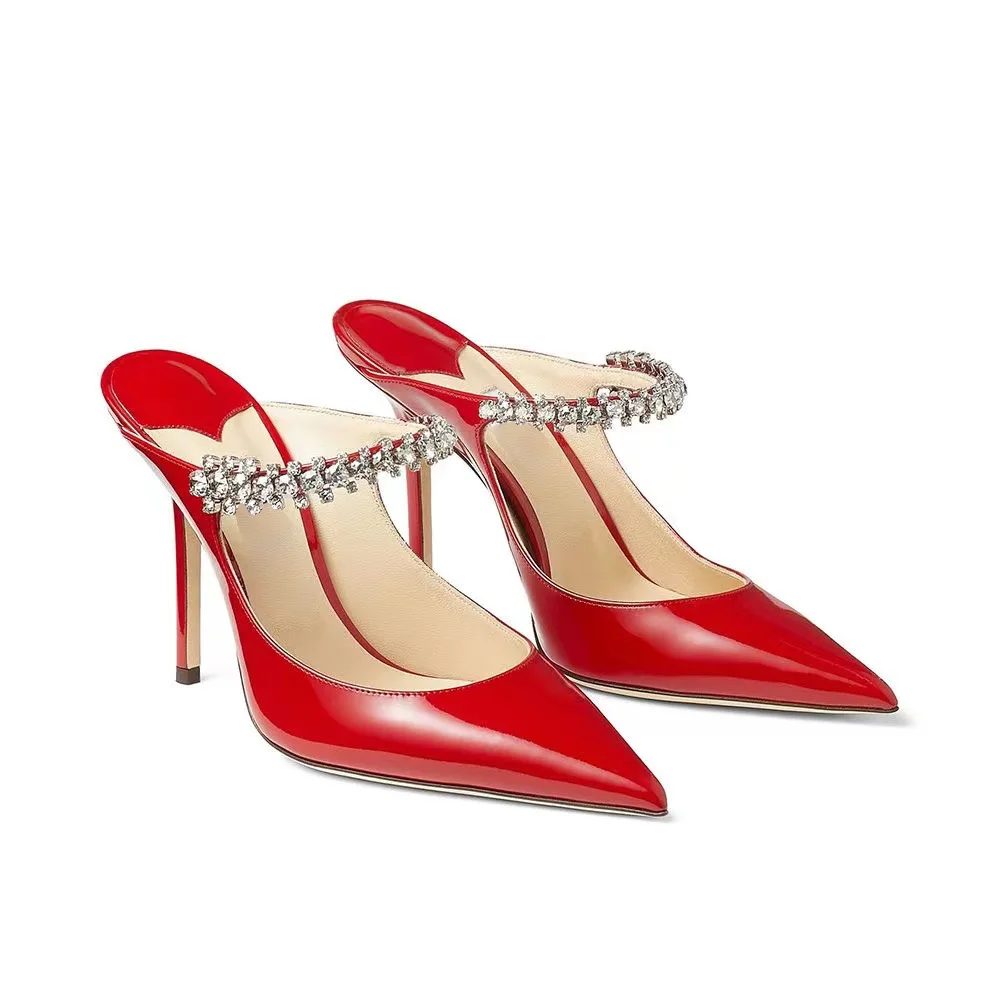 

Patent Leather Pointed Toe High Heels Stiletto Summer Rhinestone Toe Half Drag High Quality Fashion Sandals For Women