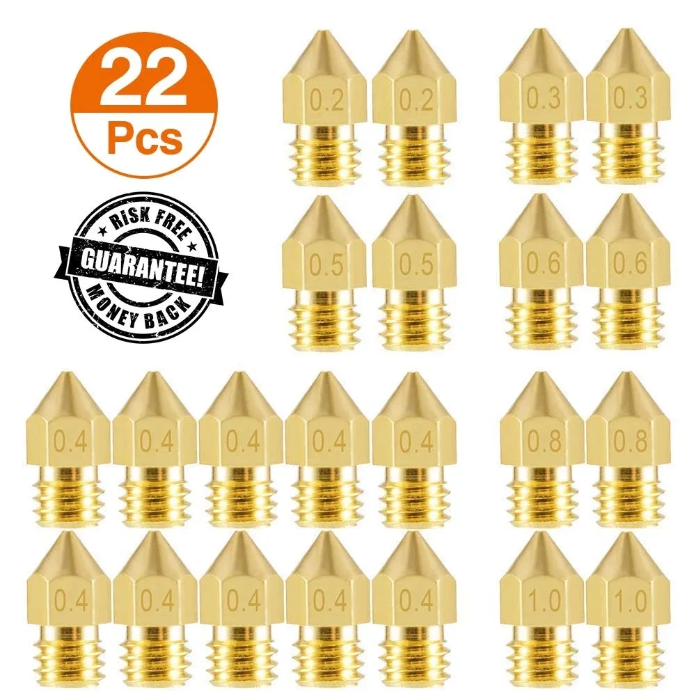 

22Pcs MK8 Extruder Nozzles Head Hotend (0.2, 0.3, 0.4, 0.5, 0.6, 0.8, 1.0) MM M6 Thread for Creality Ender 3/3 Pro/3 V2, 5