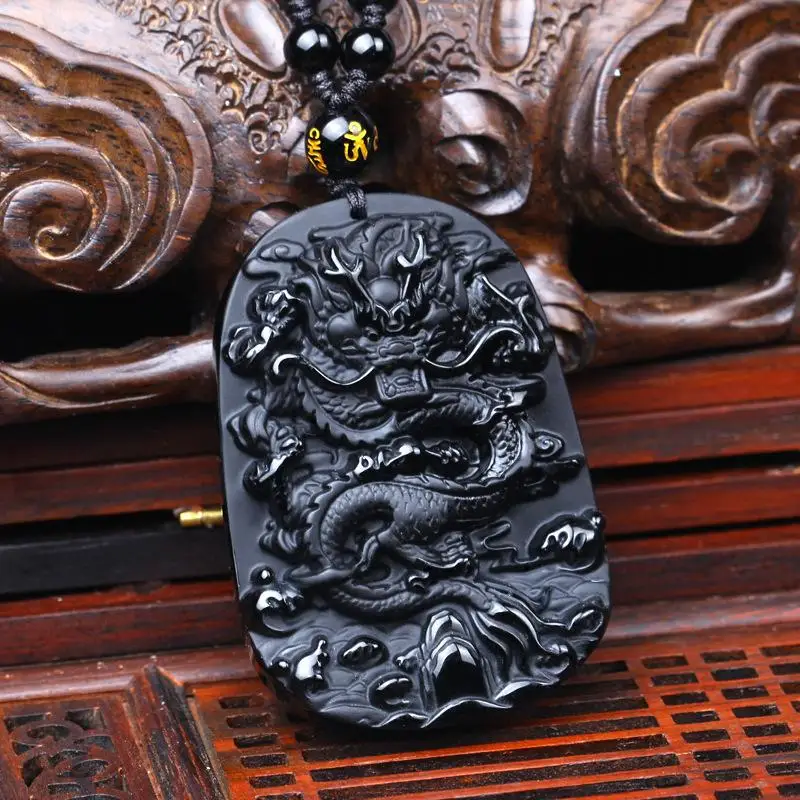 

Chinese Guardian God Zodiac Dragon Carved Black Stone Pendant Necklace Men Women Classic Domineering Amulet Necklace Gift