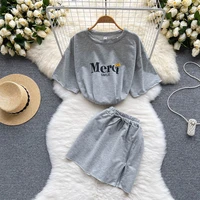 women summer cotton letter print tracksuit loose two piece sets casual short sleeve sweatshirt drawstring waist shorts outfits