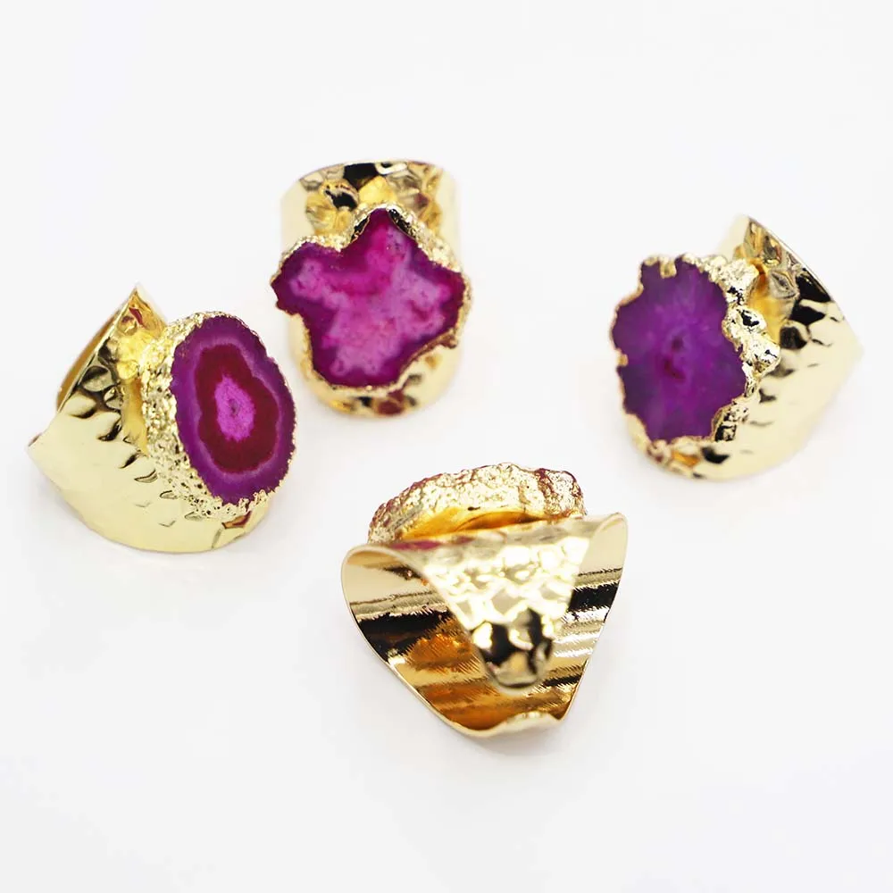 

2pcs/lot New Rose Red Sunflower Agate Druzy Quartz Adjustable Ring Women Irregualr Raw Stone Gold Color Finger Jewelry Wholesale