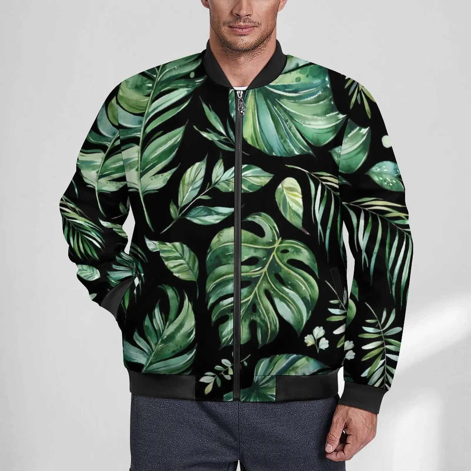 

Tropical Leaf Casual Jackets Man Green and Black Coats Autumn Kawaii Jacket With Pockets Pattern Loose Windbreak Large Size