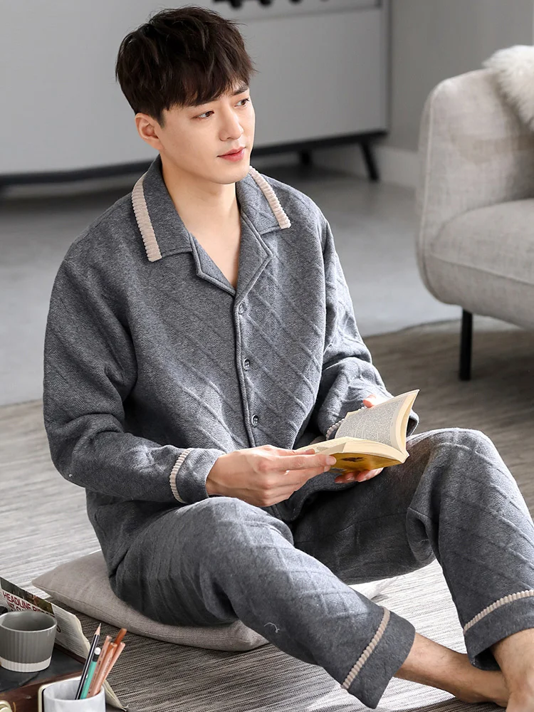 

Pajamas Men's Spring and Autumn Thick Pure Cotton Long-Sleeved Home Wear Autumn and Winter Sand Air Cotton Quilted Cotton