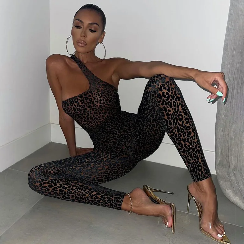 One Shoulder Leopard Print Jumpsuit Women Sexy Hollow Out Sleeveless Skinny Clubwear One Piece Retro Chic Street Overalls