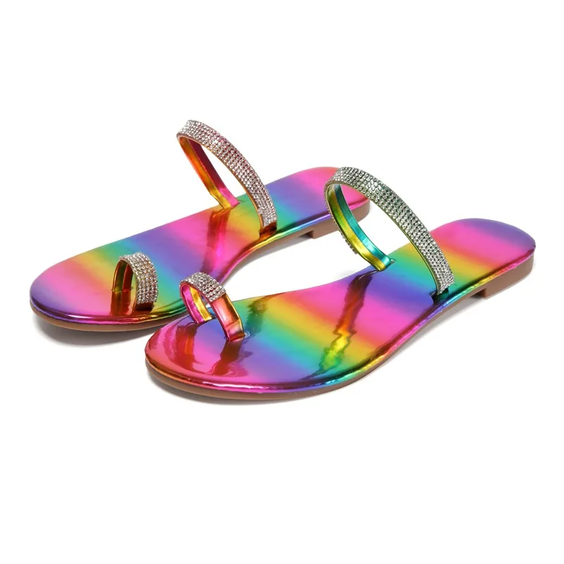 Summer Casual Beach Flats Shoes Flip Flops Women Slippers Slip On Slides Rainbow Rhinestones Fashion Slippers Sandals Woman Shoe