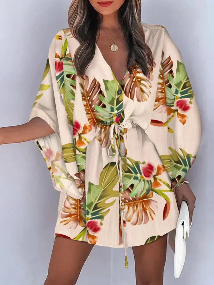 

Tropical Print Button Front Drawstring Casual Dress