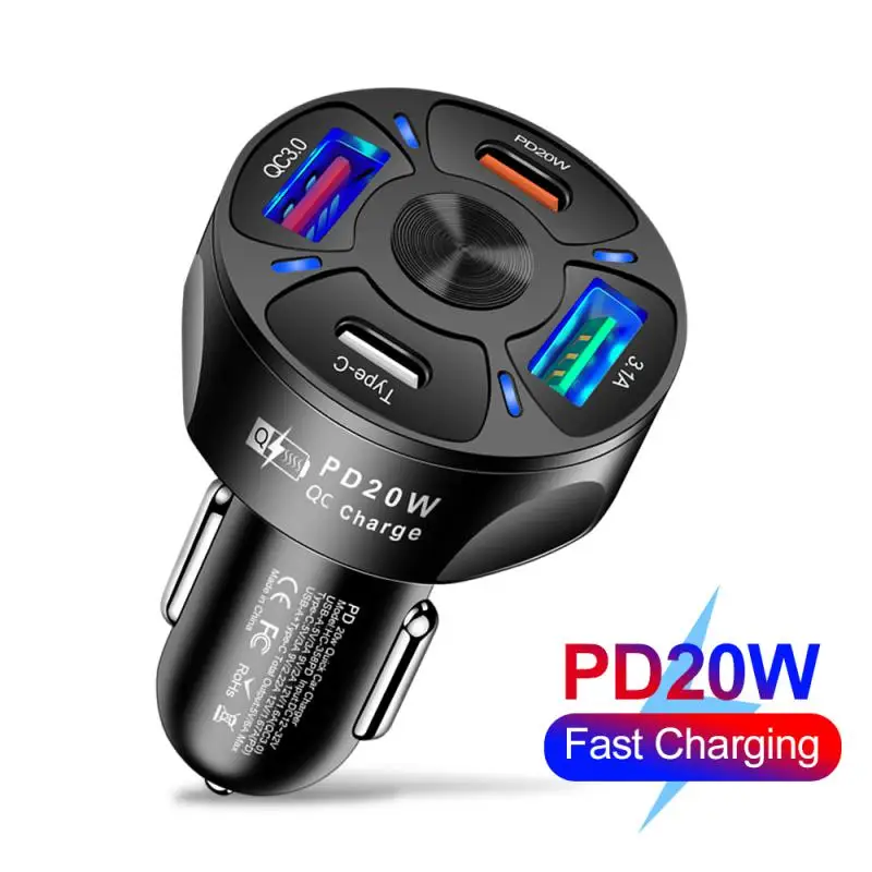 Купи New Car USB Charger PD 20W 4 port Quick Charge 3.0 Universal Type C Fast Charging For iPhone Xiaomi Redmi Type C Car Charger за 218 рублей в магазине AliExpress