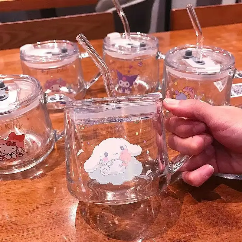 

380Ml Sanrio Breakfast Cup Kitty My Melody Kuromi Cinnamoroll Straw with Lid Anime Kawaii Milk Juice Water Cup Glass Kid Gifts