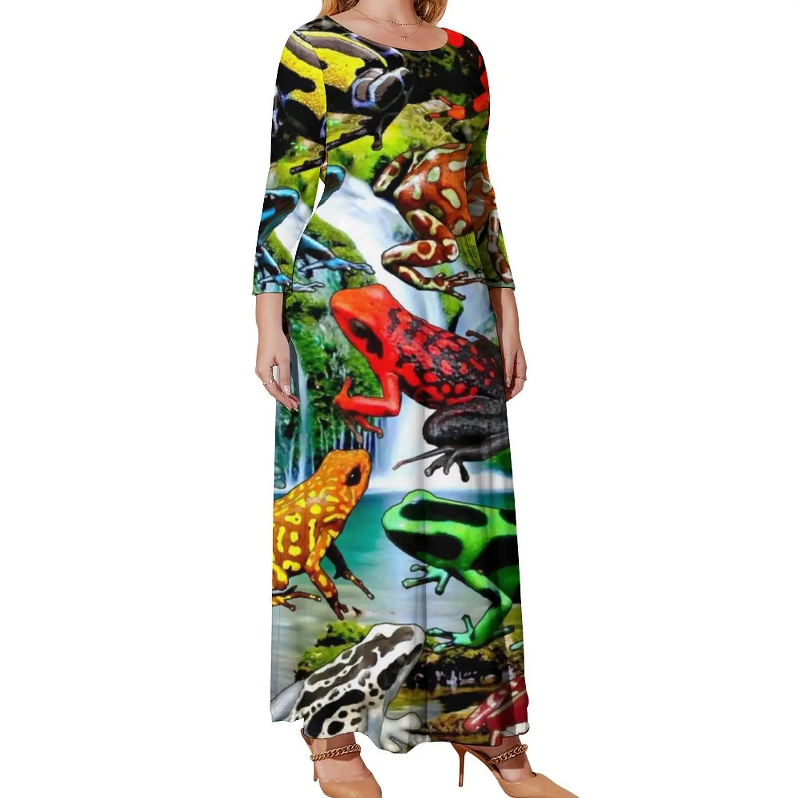 Rainforest Frog Dress Colorful Poison Frogs Elegant Maxi Dress Aesthetic Boho Beach Long Dresses Graphic Clothing Plus Size 4XL
