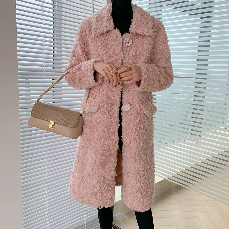 2021 Autumn Winter New Sheep Shearing Coat Women Long Cara Roll Grain Cashmere Lamb Fur Coat for Women Fur Jacket Female FCY1727