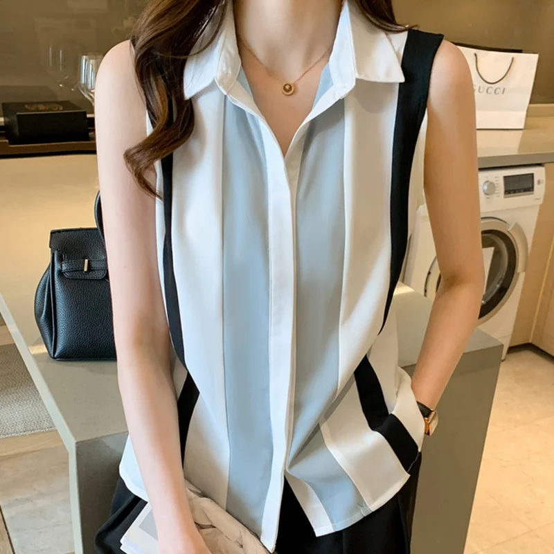 Летние рубашки без рукавов женские полосатые Лоскутные поло блузки повседневные