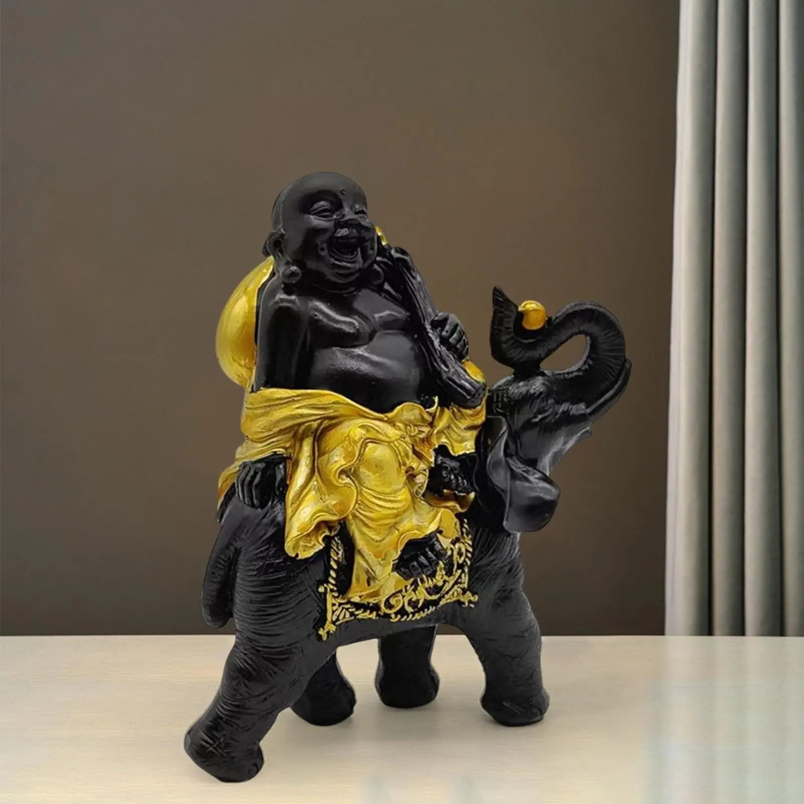 

Resin Buddha Statue Miniature Figurines Sculpture Riding Elephant Handicraft Ornament for Housewarming Indoor Outdoor Yoga Decor