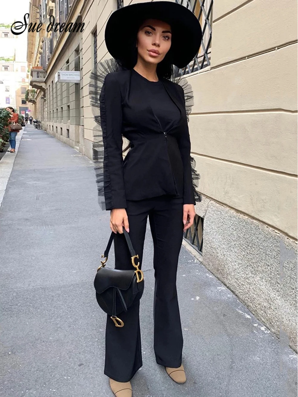 

2021 Summer New Women'S 2 Piece Two-Piece Set Mesh V-Neck Slim Long-Sleeved High Waist Wide-Leg Pants Bodycon Club Party Set